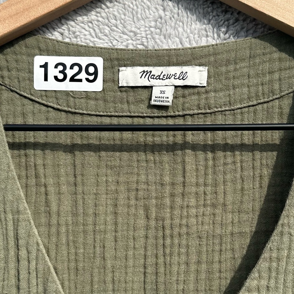 Madewell Olive Green Gauze Button Front Midi Dress XS Cotton Short Sleeve Pocket - Picture 2 of 9